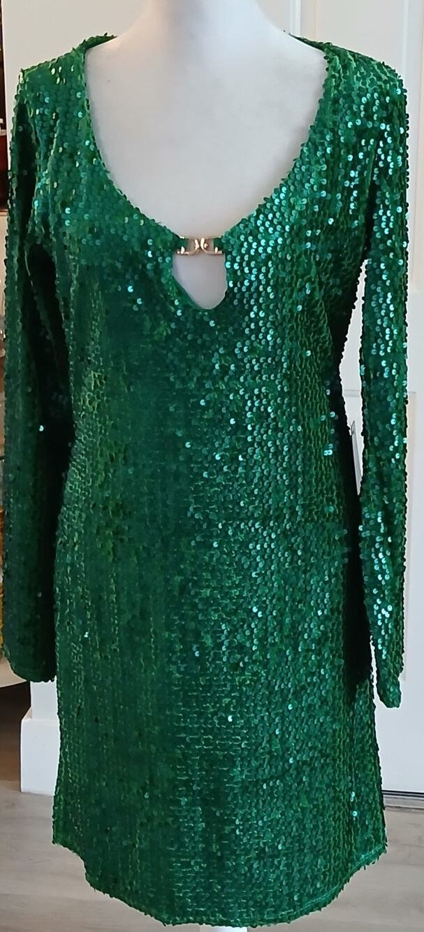 Express Green Sequin Dress Size S NWT Long Sleeve Cutout Gold Detail Party